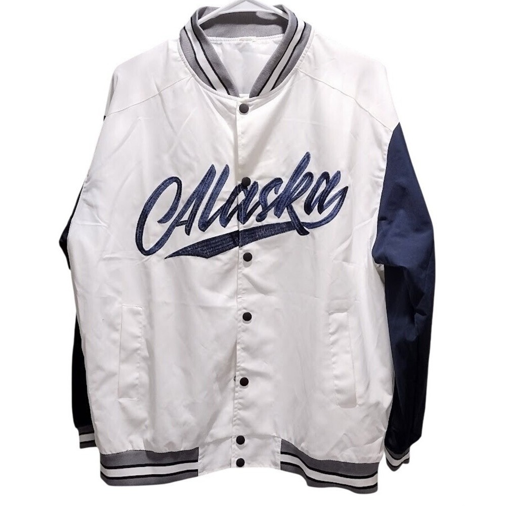Alaska Varsity Baseball Jacket White Navy Blue Embroidered‎ Patch Logo Size M